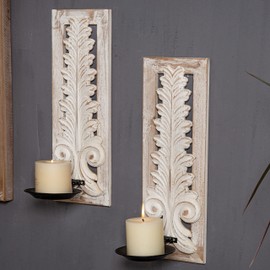 SOFE Openwork Carving Wall Candle Sconces - Set of Two, Distressed White Finish Wooden Candle Holder, Rustic Farmhouse Candle Wall Decor