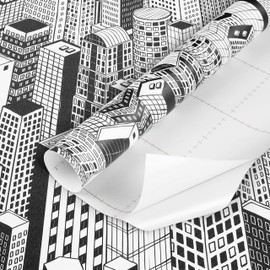 Wallink Peel and Stick Wallpaper Black and White City Building Wallpaper 17.5''×120" Modern White and Black Contact Paper for Wall and Cabinet Boho Removal Geometric Wallpaper Vinyl Self Adhesive