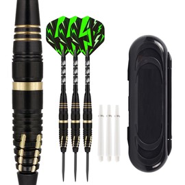 PRK 14 Professional Darts Set - 3 x 24g Black & Gold With Steel Tips Aluminum Shafts In Travel Case with Accessories O-Rings Stems and Spare Flights