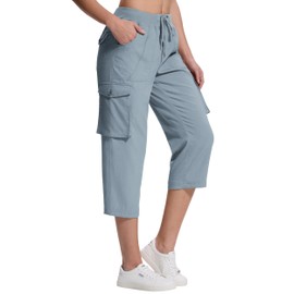 Womens Cargo Capri Pants with 6 Pockets Lightweight Stretch Hiking Quick Dry Casual Summer Pant for Women Travel Outdoor Light Grey XXL
