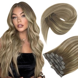 Sunny Hair Clip in Hair Extensions Human Hair Invisible Clip in Hair Extensions Real Human Hair Straight Hair Extensions for Women 24inch Cool Brown Balayage Light Brown Highlight Blonde