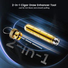Cigar Draw Enhancer Tool with Cigar Punch Cutter & Cigar Needle, 2-in-1 Cigar Accessories Set, Stainless Steel Cigar Hole Opener, Practical Cigar Nubber Holder (Black and Gold)(2 Pack)