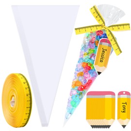 JANYUN 50 Pack Back to School Cone Shaped Bags 7 x 15 Inch Clear Cellophane Treat Bags with Pencil Gift Tags Ruler Ribbon for Treats Popcorn Candy Classroom Party Favor