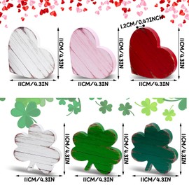 6 Pcs Valentine's Day/St. Patrick's Day Rustic Table Decoration Signs Tiered Tray Valentine's Day Wooden Love Blocks Vintage Farmhouse Heart Wood Freestanding Shamrock Decor for Farmhouse Centerpiece