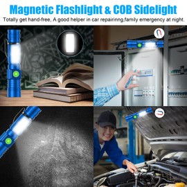 Flashlight USB Rechargeable, Magnetic LED Flashlight, Super Bright LED Tactical Flashlight with Cob Sidelight, 2000LM, Waterproof, Zoomable Best Small LED Flashlight for Camping, Emergency - Blue