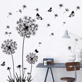 Runtoo Black Dandelion Wall Art Stickers Large Flower Butterfly Wall Decals Bedroom Living Room Wall Decor