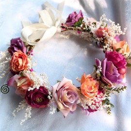 Yazilind Wedding Flower Wreath, Crown for Bridesmaid, Rose Flower Head With Ribbon, Photo Props