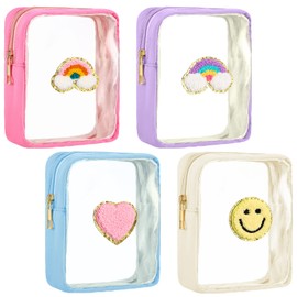 Spiareal 4 Pcs Preppy Patch Makeup Bag Cute Chenille Letter Pouch Cosmetic Makeup Cases Toiletry Bag with Zipper Travel Organizer Stuff Skincare Bags for Girl Women Nurse(Transparent Surface)