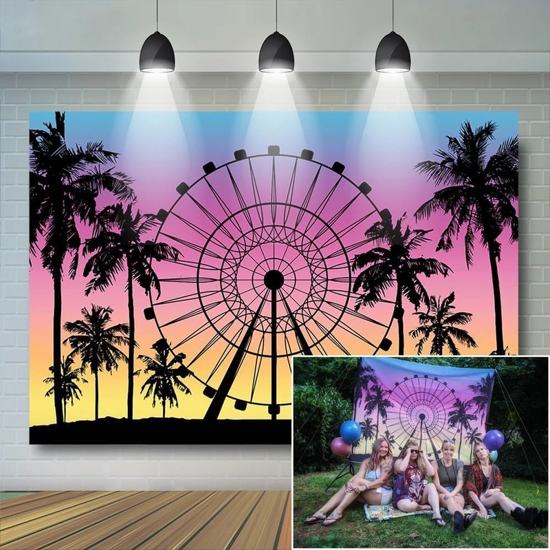 9x6ft Ferris Wheel Backdrop Sunset Seaside Palm Tree Silhouette Photography