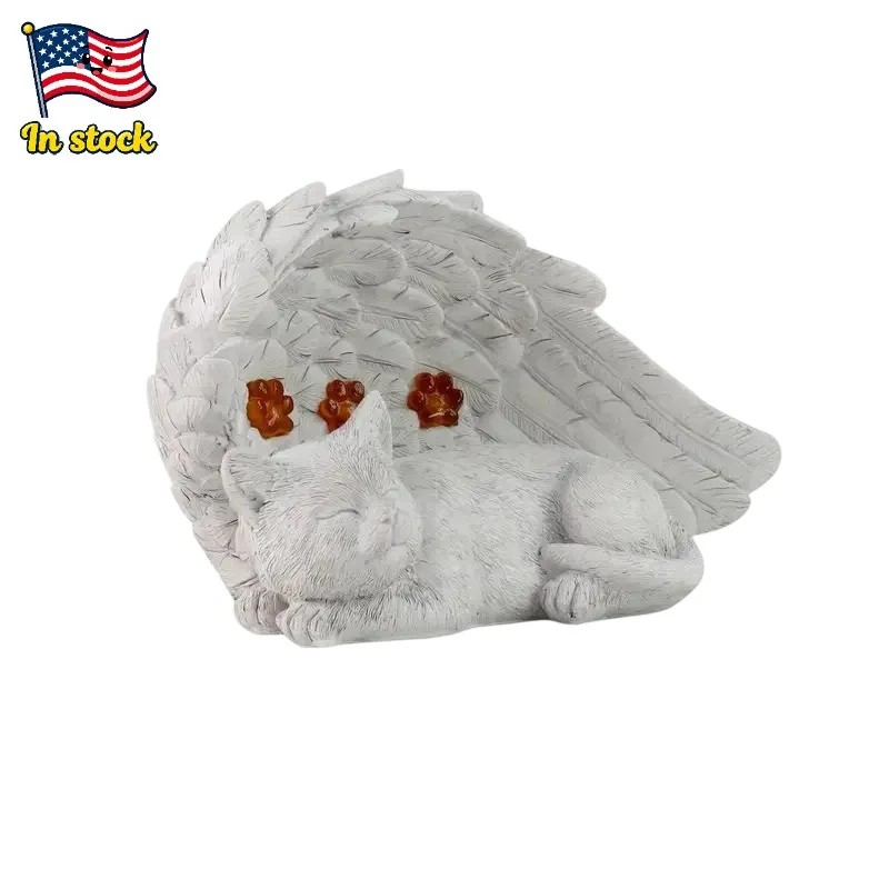 Solar Powered Angel Cat Memorial Sculpture, White Resin Sleeping Kitten