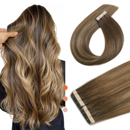 XDhair Tape Extensions Real Hair Balayage Brown Real Hair Extensions Tape Ombre Brown Caramel Blonde 20 Pieces 50 g 50 cm Remy Hair Extensions Real Hair (#4/27/4-20)