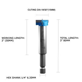 JINSHIBA Forstner Bit 3/5"(15mm), Forstner Drill Bits for Woodworking Tungsten Carbide Wood Hole Saw Opener Wood Drill Bit Hex Shank with Adjust Depth, 1 Allen Wrench