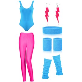 SATINIOR Women 80s 90s Workout Costume Outfit Accessories Set Leg Warmers Headband Wristbands Earrings Swimwear Suit (Lake Blue, Rose Red,Medium)