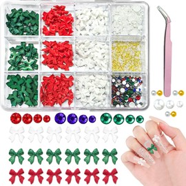 3D Bows Nail Art Charms, CYHYII Colorful Bowknots Mix Bow Tie Red Green Blue Nail Rhinestone Flatback Pearl Nail Charms for Acrylic Nails Manicure Decoration