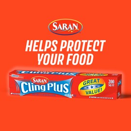 Saran Cling Plus Clear Plastic Wrap, Food Storage, Easy Dispense, 200 Sq Ft Roll