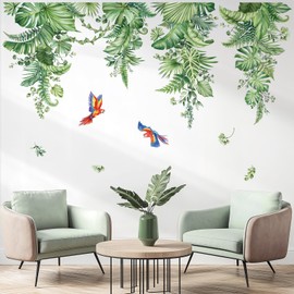 decalmile Hanging Tropical Leaves Wall Decals Green Plants Palm Leaf Vines Parrots Wall Stickers Living Room Bedroom TV Background Wall Decor
