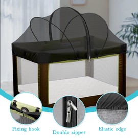 Pack N Play Tent Cover - Bassinet Cover for Pack N Play/Travel Crib/Mini Crib/Playpen, Bassinet Mosquito Net Cover with Two-Way Zippers (Black-Large)