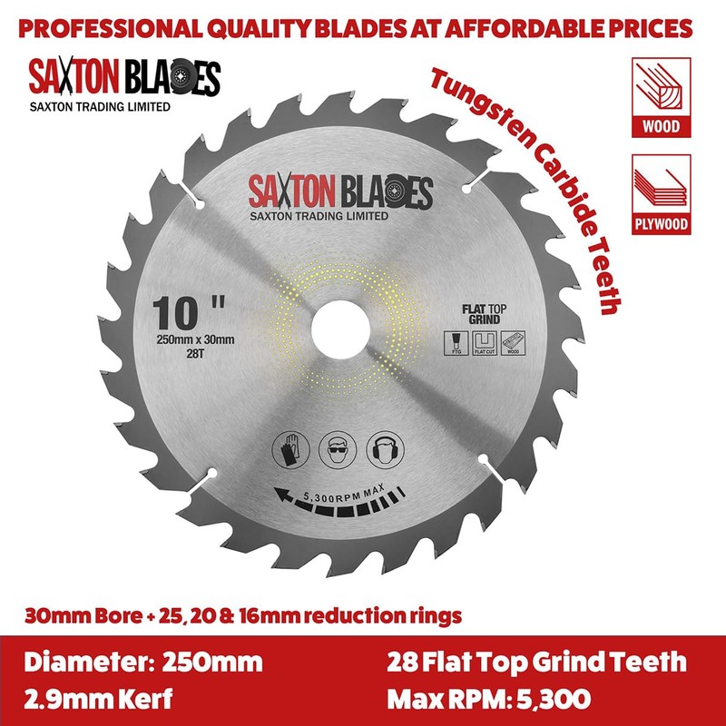 Saxton Flat Top TCT Circular Saw Blade 250mm x 28T