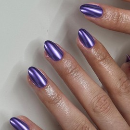 Matte Purple Chrome Press on Nails Short Almond Nails Press ons Metallic Nails Glue on,Acrylic Nails Fake Nails for Women,Thick Shinny Glazed False Nails Glue on Nails Short Oval Nails for Party 24Pcs