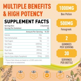 Bee Pollen 1000mg Sugar Free Gummies for Breast Growth, w/Fenugreek, Royal Jelly, Propolis, Organic Bee Pollen Supplement for Women, Rich in Vitamin E, Strengthen Immunity & Skin Care 120 Counts