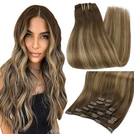 Full Shine Clip In Human Hair Extensions 12 Inch Remy Clip Hair Extensions Human Hair Color Middle Brown Fading To Blonde Highlights With Middle Brown 80 Gram Extension Human Clip 7 Pcs