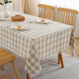 JIALE Checkered Table Cloth Square Cotton Linen Fabric Gingham Tablecloth with Tassel Washable Wrinkle Free Buffalo Plaid Table Cover for Spring Picnic Kitchen Dining, Beige, 55X55''