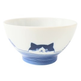 Mino ware Japanese Ceramics Rice Bowl Five Cat Faces White & Blue made in Japan (Japan Import) GBC001