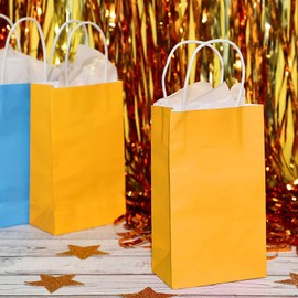 BLUE PANDA 25 Pack Yellow Paper Gift Bags with Handles for Birthday Party Favors (5x3x9 Inches) - Paper Bags