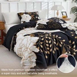 mixinni Floral Comforter Set Full Size,3 Pieces Botanical Bedding Comforter Sets, White Flowers and Gold Leaves Printed on Black, Soft Fluffy Reversible Farmhouse Boho Comforter for All Season