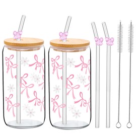AIOMOB 4 Sets Coquette Bow Glass Cup 16oz Pink Bow Flower Cup with Lids and Straws Tumbler Trendy Glass Cups for Drinking Coffee Boba Tea Cocktail