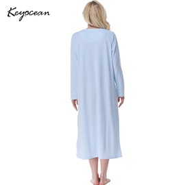 Keyocean Nightgowns for Women, Soft 100% Cotton Knit Nightgowns, Comfy Long-Sleeve Ladies Sleepwear Gown for Mom, Light Blue, XX-Large