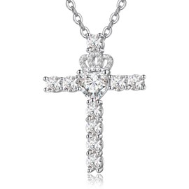 Moissanite Cross Necklace for Women 925 Sterling Silver Crown and Cross Pendant Necklaces 1CT D Color VVS1 Moissanite Necklace Anniversary Jewelry Religious Gifts for Women Wife Her Girlfriend