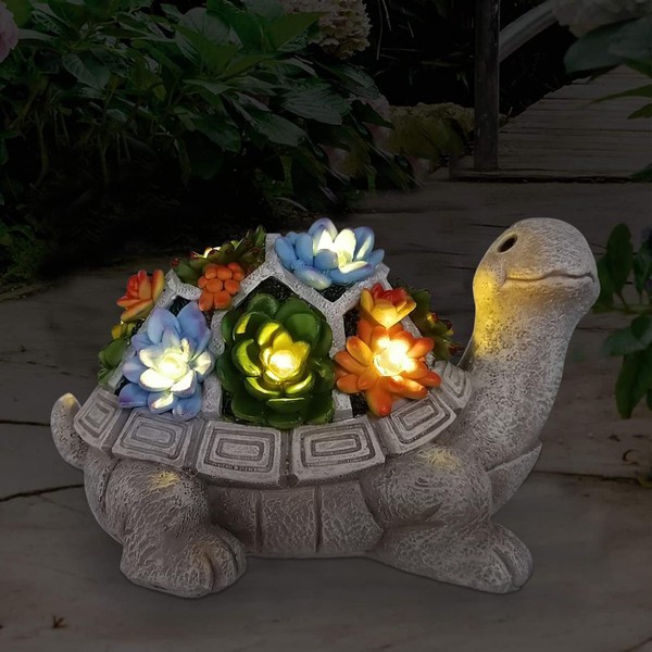 Goodeco Solar Turtle Statue Garden Ornaments Outdoor Decorations,Garden Tortoise Figurine Decor with Succulent and Solar Powered LED Lights Decor for Patio,Balcony,Yard,Lawn-Unique Housewarming Gifts