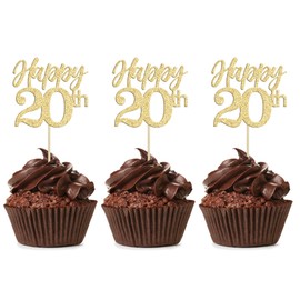 Gyufise 24Pcs Happy 20th Cupcake Toppers Glitter Number 20 Twenty Cheers to 20 Cupcake Food Picks Decorations for 20th Birthday Wedding Anniversary Party Supplies Gold
