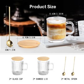 Anhow 2 Cappuccino Cups, 350 ml Latte Macchiato Glasses, Vertical Stripes Coffee Glasses with Lid and Spoon for Latte/Cappuccino/Drinks/Tea/Coffee