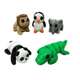 Mini 3D Printed Animals Collection - Unique Articulated Fidget 3D Printed Toys - Home Office Executive Desk Decor - Lion Penguin Elephant Panda Crocodile (5 Pk, Zoo)