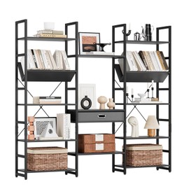 NUMENN Bookcases and Bookshelves Triple Wide 5 Tier Bookshelf, Large Etagere Bookshelf with Storage Drawer, Adjustable Open Display Shelves for Living Room, Bedroom, Home Office, Black