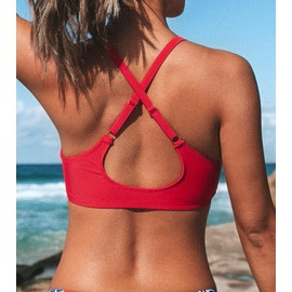CUPSHE Women's Bikini Top Swimsuit V Neck Knot Bunny Tie Cross Back Adjustable Straps Bathing Suit, M Red