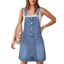 Glamaker Women's Denim Overall Dress Jean Sleeveless 2025 Mini Pinafore Shorts Jumper Button Dress with Pocket Light Blue L