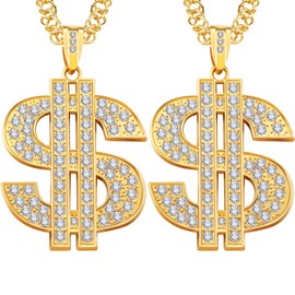 Tatuo 2 Pieces Plated Chain for Men with Dollar Sign Pendant Necklace, Hip Hop Dollar Necklace (Gold,Trendy Style)