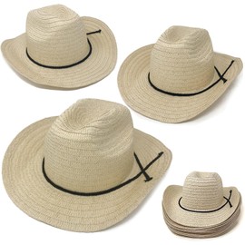 Podzly Straw Cowboy Hats 12 Pack – 24" Circumference Western Style for Men & Women – Bulk Cowboy Hats for Parties, Concerts, Birthdays & Outdoor Events – Cowgirl Hats & Themed Accessories – Plain