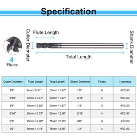 HARFINGTON 4pcs Square End Mills 1/8" Cutting Dia HRC 60 4 Flutes AlTiN Coating Tungsten Steel Carbide Mill Bit for Hardened Steels