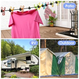 Sonicefit Portable Retractable Clotheslines with 12 Clothespins, Windproof Clothes Drying Line with 13 Anti-Skid Clips, Laundry Drying Line for Backyard Vacation Hotel Balcony (1Pack-Colorful)