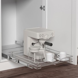 DINDON 1 Tier Pull Out Cabinet Organizer (17" W x 18" D) Heavy-Duty Metal Sliding Drawer Shelf, Slide Out Wire Basket for Kitchen Cabinets, Pantry, Bathroom, Chrome Finish…