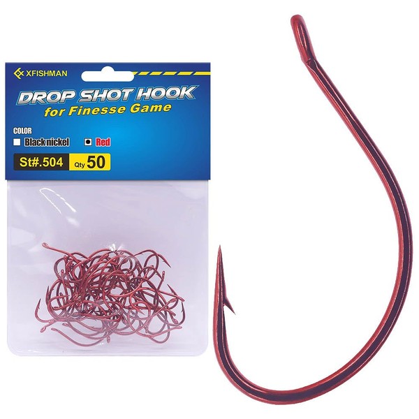 XFISHMAN Drop-Shot-Hooks-for-Bass-Fishing-Split-Shot-Dropshot-Hook-50 Pack (Red, 1/0)