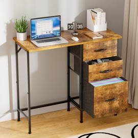 Huxitocan Small Computer Desk with Fabric File Drawers Cabinet, 36 Inch Simple Writing Desk with Filing Cabinet for Home Office, Modern Study Work Table for Bedroom Small Space, Rustic Brown