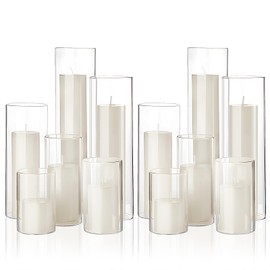 Shihanee Set of 12 Pillar Candles and Glass Cylinder Vases 6 Sizes Clear Tall Cylinder Holders for Pillar Candles Home Table Centerpieces Decoration (Ivory)