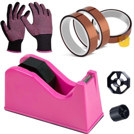 Heat Tape Dispenser Set, Sublimation Tape Dispenser 2 Pcs Heat Resistant Gloves with Silicone Bumps 3 Pcs Heat Tape for Sublimation Nonskid Base Weighted Desktop for Office Home (Rosy)