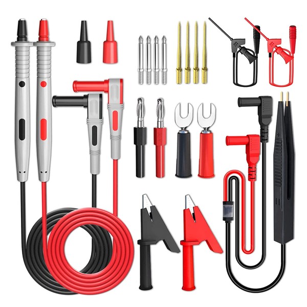 Cleqee Multimeter Test Lead Kit, 21 Piece Digital Electrical Test Probe Set with Alligator Clip, Mini Grabber SMD IC Test Hook Clip, Test Tweezers, Replaceable Precision Sharp Probe