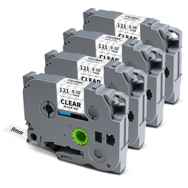 TZ Tape Tz-121 9mm 0.35 Laminated Clear Tape Compatible for Brother P-Touch TZe-121 3/8 Inch Refill Work with Brother Label Maker Tape PT-D210 PT-D220 PT-H110 PT-1890 PT-D600 PT-D410, 4-Pack